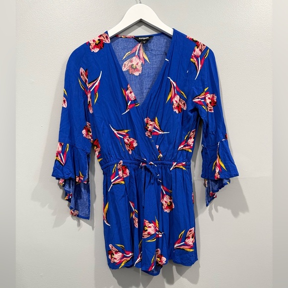 Express Blue Floral Bell Sleeve Romper women’s - Size XS - Picture 2 of 8